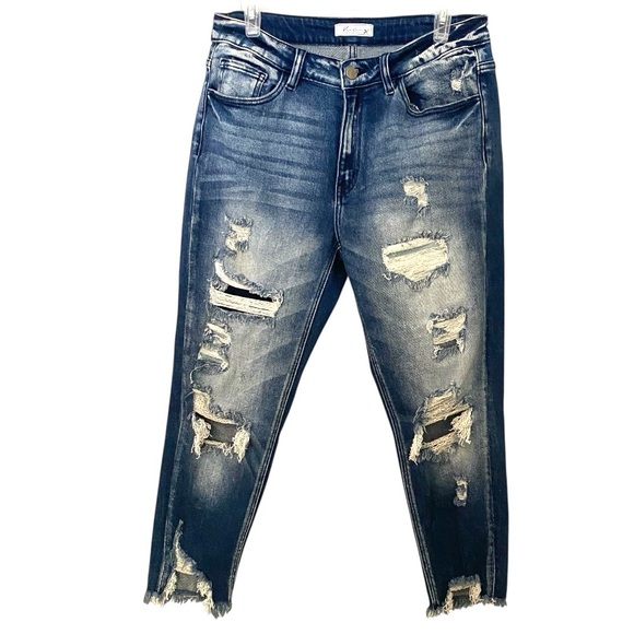 KanCan Kurvy Mid-Rise Dark Blue Distressed Ankle Jeans Size 30 - Picture 1 of 11